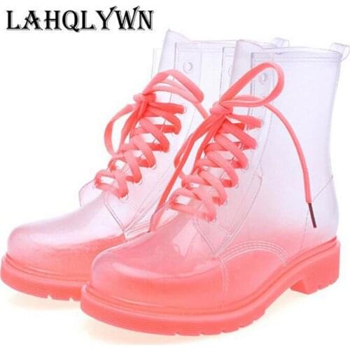 Fashion Women Transparent Rain Boots Rubber Lace Up Women Ankle Boots Waterproof Casual Comfort Ladies Boots Shoes P97