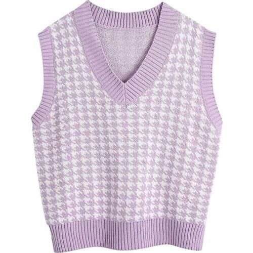 Fashion Oversized Houndstooth Knitted Vest Sweater Women Vintage Sleeveless Side Vents Female Waistcoat Loose Chic Tops