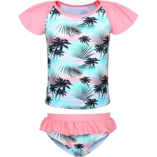 BAOHULU Newest Girls Beachwear 2piece Flowers Coconut Tree Pattern Short Sleeve UPF 50+ UV Sun Protective