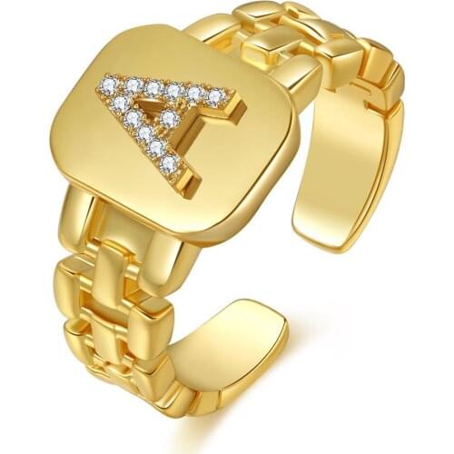 New Fashion A-Z 26 Letters Rings for Women Gold Plated Watchband Strap Open Crystal Wedding Rings Jewelry
