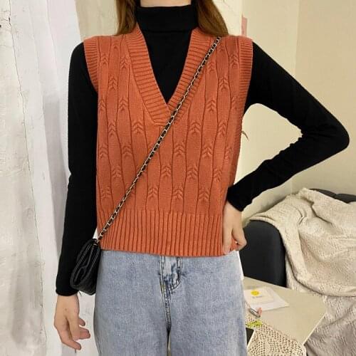 New V neck Girls Pullover Vest sweater Autumn Winter Short Knitted Women Sweaters Vest Sleeveless Warm Sweater Casual Oversize
