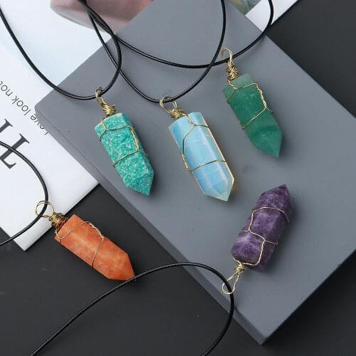 29 Colors Natural Crystal Stone Necklace Column Handmade Gold Woven Pendant Magic Wand Necklace Accessories Energy Gemstone Gift