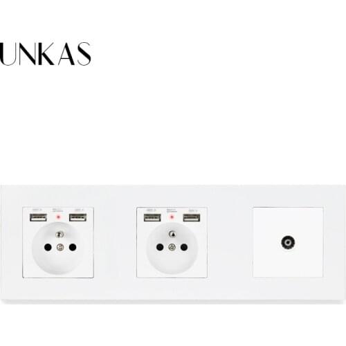 UNKAS PC Plastic Panel Double French Standard Socket with 4 USB Charging Port + 1 Gang Female TV Connector Television