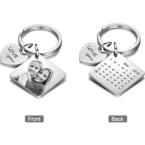 Custom Photo Keychain Personalized Calendar Engraved Heart Charm Text High Quality Stainless Steel For Women Gifts