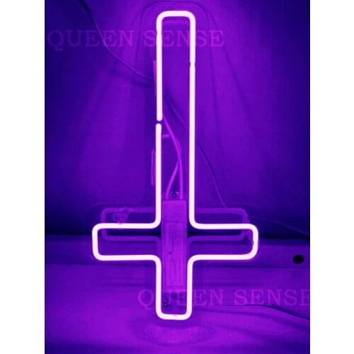 Custom Upside Jesus Cross Purple Acrylic Neon Light Lamp Sign Beer Bar Handmade Real Glass Decorate Home Wall Room Windows Tube