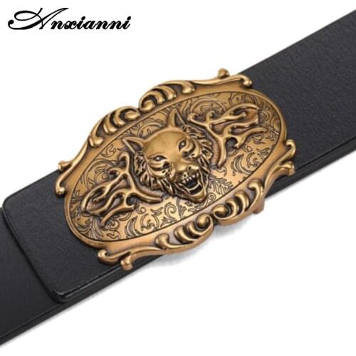 Anxianni retro belt mens prairie wolf buckle smooth buckle belt pure leather denim social spirit guy pants belt