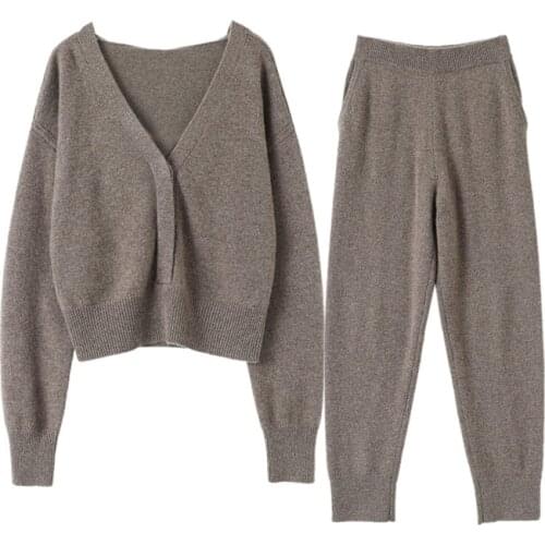 Luxury autumn winter new 100% pure cashmere suit two-piece loose V-neck knitted cashmere hooded sweater plus pocket pants