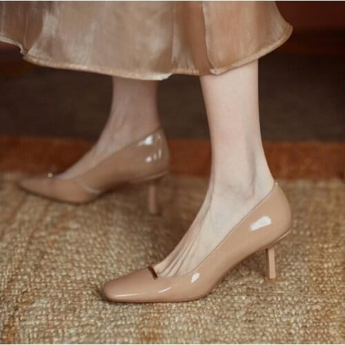 Soft cow patent leather high heels 2021 spring new square toe single shoes female leather stiletto heel workplace work shoes fas