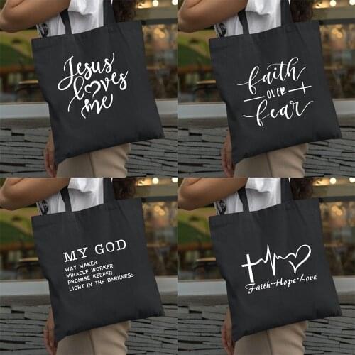Faith Hope Love Jesus Print Reusable Shoulder Bags Casual Fashion Women Quotes Female Black Foldable Eco Organizer Travel Bags