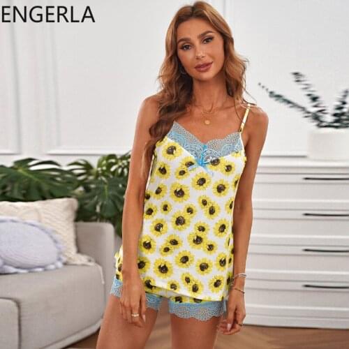 2021 European and American Home Service Womens Summer Sunflower Print Lace Trim Two-piece New Sling Sexy Pajamas