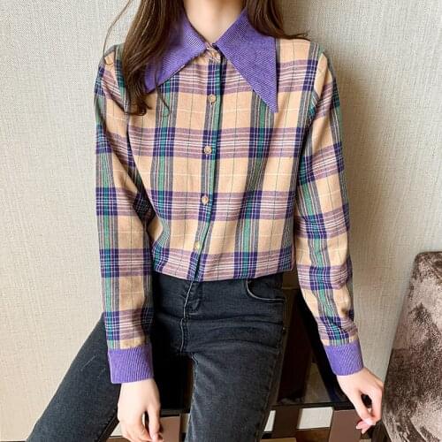 LUKAXSIKAX 2021 New Arrival Spring Autumn Women Long Sleeve Shirt Fashion Contrast Color Patchwork Vintage Plaids Shirt