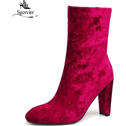Sgesvier New Fashion Velvet Ankle Boots For Women Round Toe Chunky Heel Zipper Booties Evening Dress Shoes Comfort Shoes B406