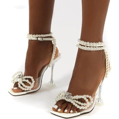 2021 NEW Sandals Women Shoes Spike Heel Open Toe Pearl Butterfly-Knot Clear Transparent High Heels Ankle Strap Buckle Pumps