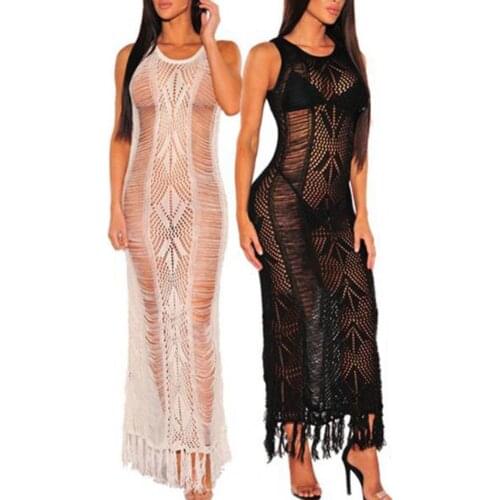 Womens Dresses 2021 Backless Long Dress Embroidery One-step Style O-Neck Knit Tassel Perspective Sleeveless Long Dress for Beac