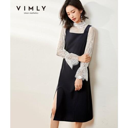 Vimly Two Piece Set Women Office Lady Elegant Lace Blouse Solid Strap Dress Belt Autumn Clothes Female Outfits F0262