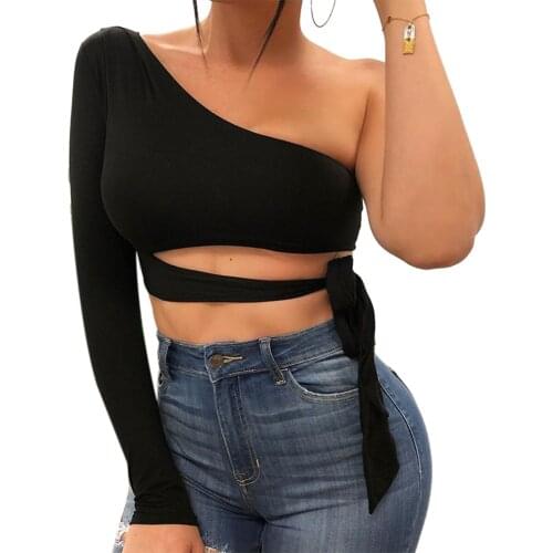 Women Fashion Casual One Shoulder Crop Top High Street Hollow Out Lace Up Slim Diagonal Collar Top