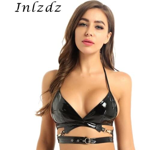 Womens Pole Dance Rave Top Wet Look Leather Halter Neck Wrap Around with Buckle Bra Crop Tops for Music Festivals Raves Clubwear