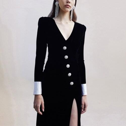 Vintage Autumn Winter Dress Women High Quality Runway Luxury Designer Sexy V Neck Long Dress Female Sexy Open Fork Party Dress