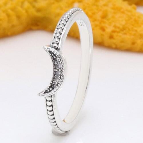 Original Crescent Moon Beaded Ring With Crystal For Women 925 Sterling Silver Ring Wedding Party Gift Fine Pandora Jewelry