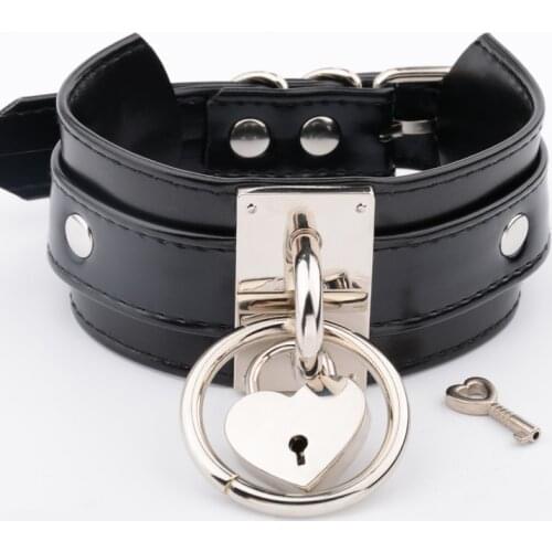 Handmade Black Pink Wide Leather Choker Necklace for Women Girls Punk Gothic Layered Heart Padlock Collar O-Round Necklace