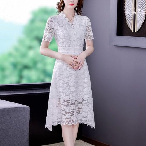 2021 New Summer Women V-Neck Short Sleeve White Lace Dress Elegant Evening Party Dress
