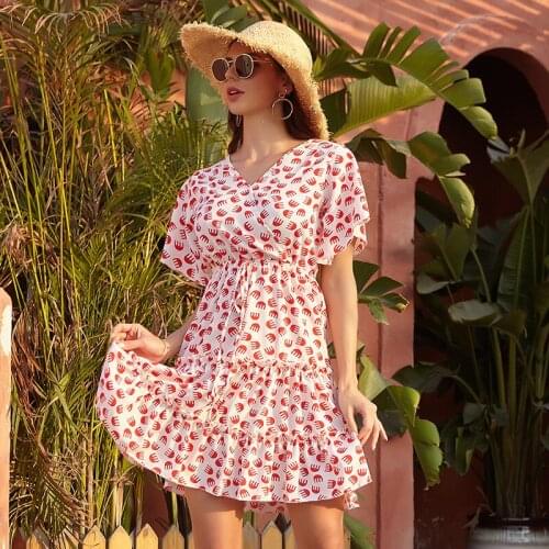 Women Short Sleeve Lace Up Slim Fashion Spring Summer Dress Ladies Sxey V Neck Floral Print Ruffles Dress
