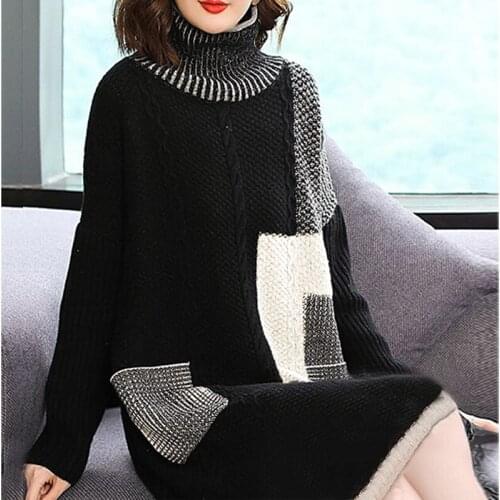Women Pullover Turtleneck Long Sleeves Knitted Dress Autumn Winter Patchwork Plaid Pockets Casual Female Loose Sweaters Dresses