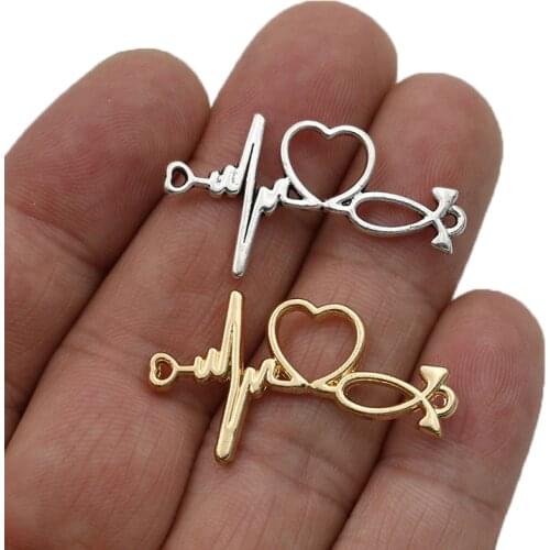 JAKONGO Gold Color Heart Electrocardiogram Charm Pendants for Jewelry Making Bracelet DIY Accessories 34x19mm 10pcs
