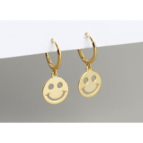 100% 925 Sterling Silver Round Gold Color Smile Happy Face Hoop Earring For Women Gift Pendientes Ear Piercing Oorbellen 2021
