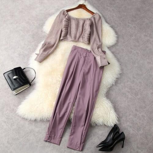 2021 Lantern-sleeved Beaded Shirt 7 Minutes of Pants Fashion Suits European and American Womens Wear for Spring