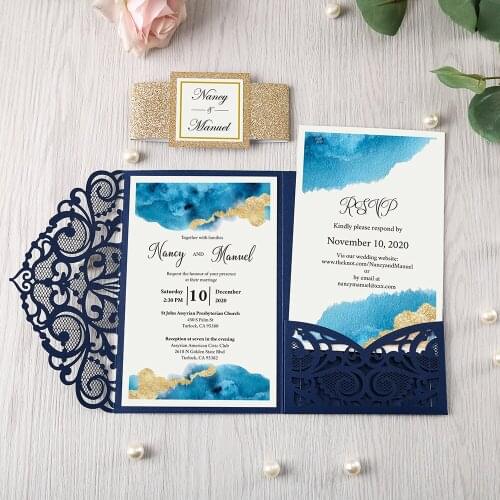 50pcs New Style Navy Blue Elegant Hollow Floral Laser Cut Luxury Wedding Invitation Cards with Envelope