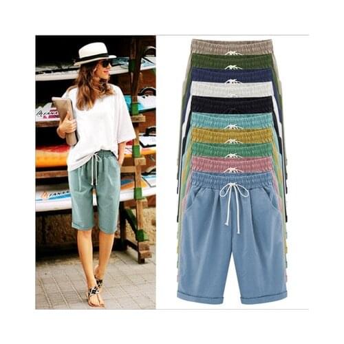 Womens European American Large Size Thin Drawstring Five-point Pants Pure Color Cotton And Linen Elastic Waist Men Women Pants