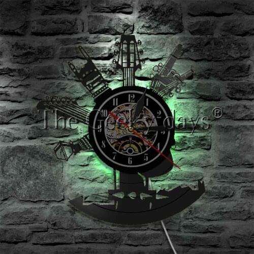 Guitar Clock with LED Backlights Gift For Rock Lovers LED Vinyl Record Night Light Guitar Instrucment Wall Led Lamp