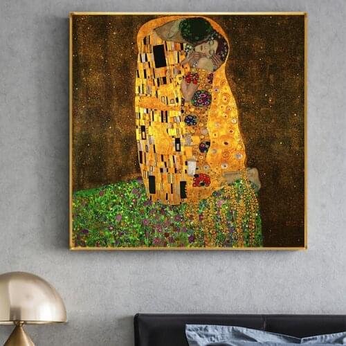 Gustav Klimt Kiss Famous Canvas Paintings Poster Reproductions on The Wall Classical Portrait Wall Art Pictures for Living Room