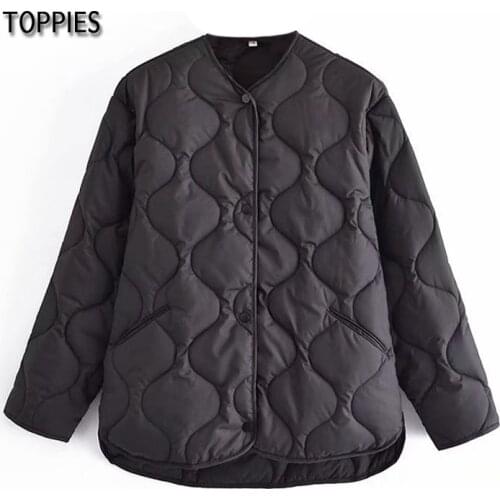 Toppies 2021 Autumn Winter Plaid Jacket Coat Oversize Thin Parkas Button Down Black Loose Cotton Padded Coat Women Clothings