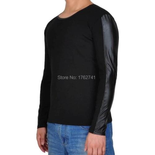 Cool Mens Leather Like Splice Cotton Sweater Pullover Cotton Thread Sweat-shirt Fashion Long Sleeve Shirt