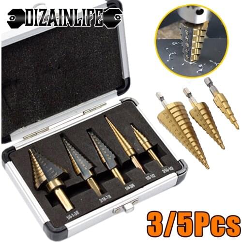 3/5pcs HSS Titanium Coated Step Drill Bit Set Drilling Power Tools Woodworking Metal Twist Wood Hole Cutter Step Cone Drill Tool