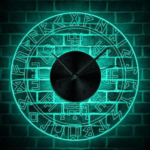 Viking Runes Acrylic LED Edge Lit Wall Clock With LED Light Man Cave Bar Lighted Sign Norse Rune Compass Luminous Watch
