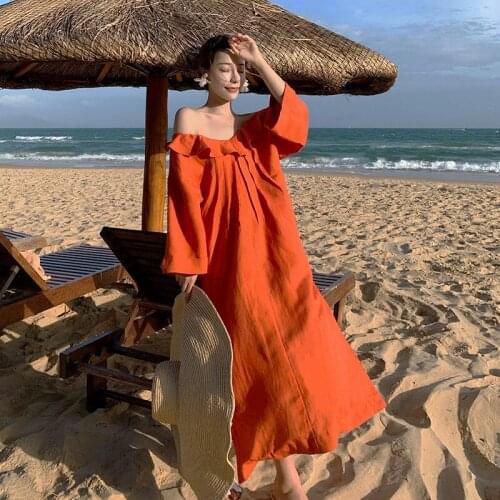2021New Ruffle Women Off shoulder Dress Seaside holiday beach dress Long Dresses Loose Female Vestido