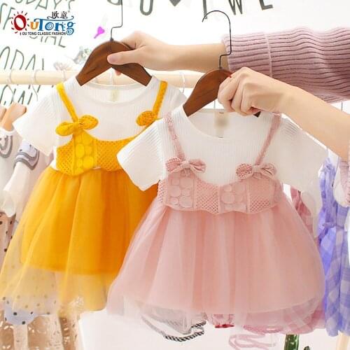 Outong New Summer Cotton Newborn Baby Girls Dresses Short Sleeve Bow Mesh Dress For 0-24M Casual Infant Toddler Kids Clothes