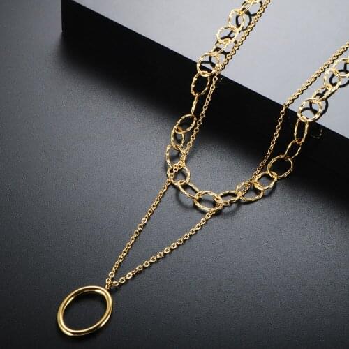 ZMFashion Simple Oval Pendant Muti Layer Necklace For Women Men Stainless Steel Geometric Link Chain Choker Hip Hop Jewelry Gift