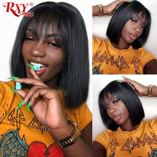 RXY Straight PU Bob Wig With Bangs Human Hair Wigs with Bangs for Black Women Brazilian Full Machine Wigs Can Be Permed & Dye