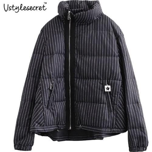 Легкий пуховик женский Loose Jacket Striped Print White Duck Down Bubble Coat Ultralight Manteau Femme Warm Trendy Parkas U10811