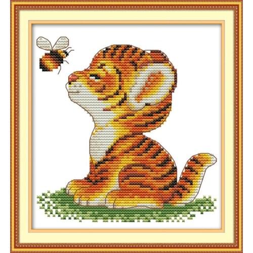 Joy Sunday Tiger And Bee Cartoon Home Decor Painting Counted Print On Canvas DMC 11&14CT DIY Needlework Embroidery Cross Stitch