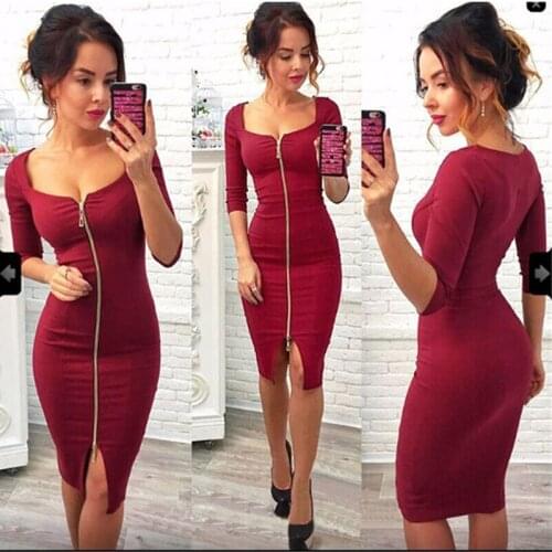 Low Cut Zipper Dress Women Sexy Club Bodycon Dress Red Sheath 2021 Burgundy Party Office Wear Black Pencil Dresses Autumn