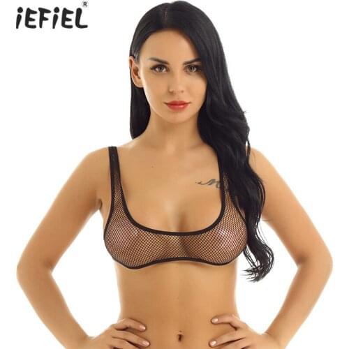 Sexy Womens Lingerie See Through Fishnet Exotic Tank Crop Top Clubwear Wide Shoulder Straps Deep U-neck Hollow Out Vest Bra Top