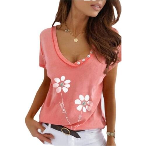 Sweet Pink Women T shirt Streetwear Casual V-neck Button Floral Print Tee Shirt Tops Summer New Short Sleeve Loose T shirt Femme