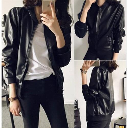 Black Leisure time PU Leather Outerwear Womens Jacket Coats Top Students Simple Loose Short Coat Artificial Leather Jacket New