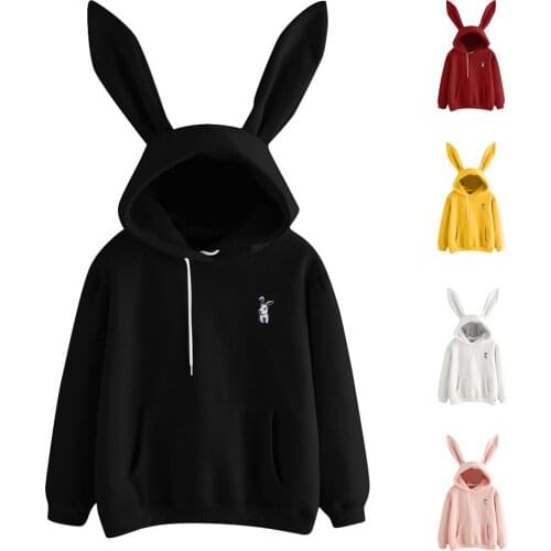 Womens Bunny Ears Cute Sweatshirt Embroidered Fleece Top Hood Bunny Sweatshirts Long Sleeve Pullover Tops Women Outwear