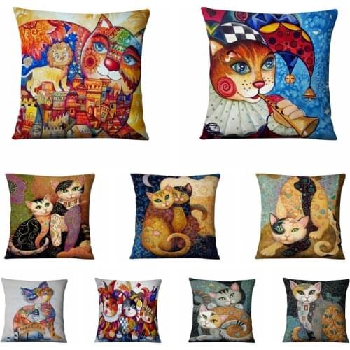 Gold Cat Printed Pillowcase Watercolor Illustration Thin Linen Cushion Decorative Pillow Home Decor Sofa Throw 45*45cm Almofadas